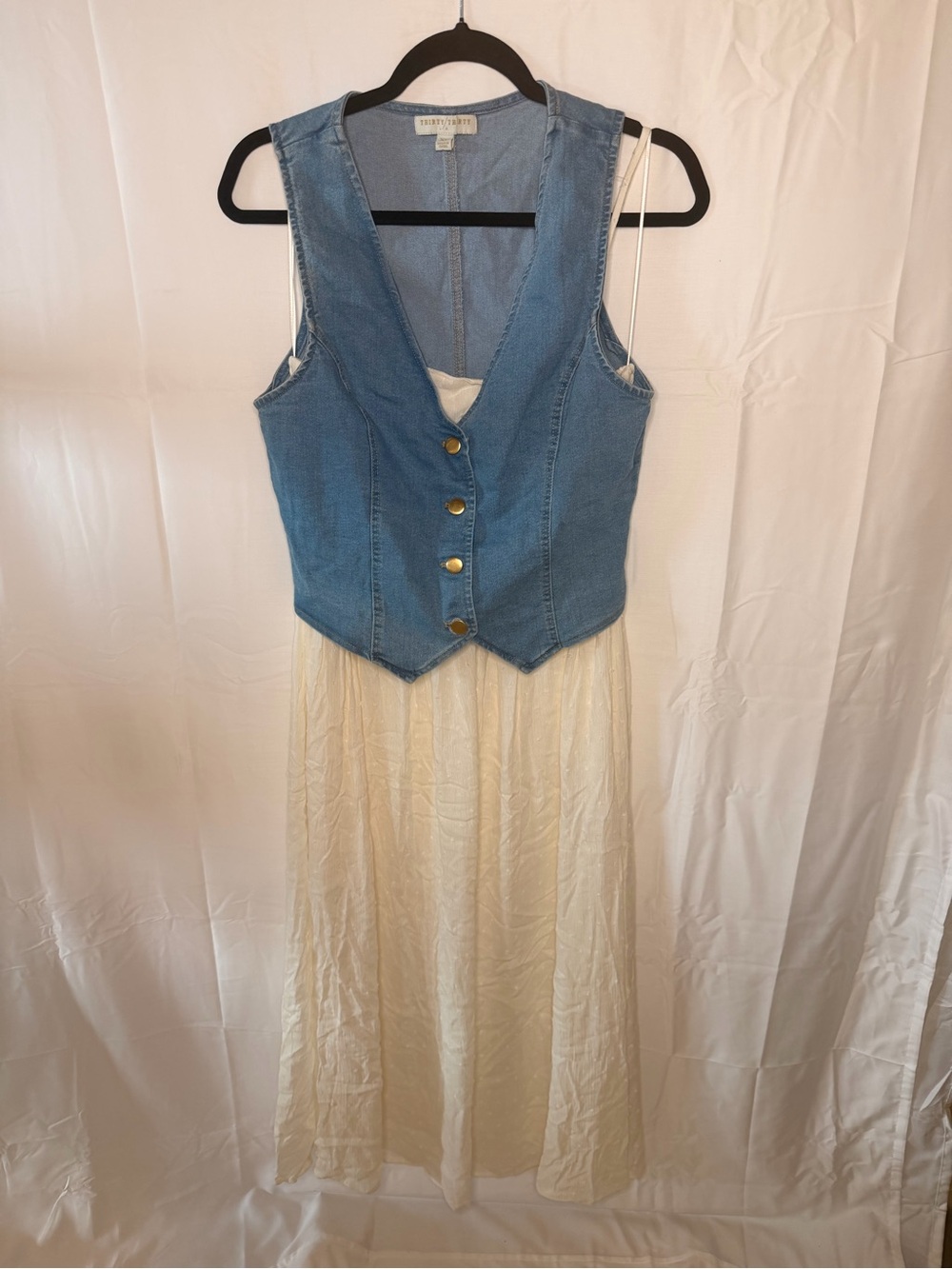 Denim Vest Layered Cream Maxi Dress